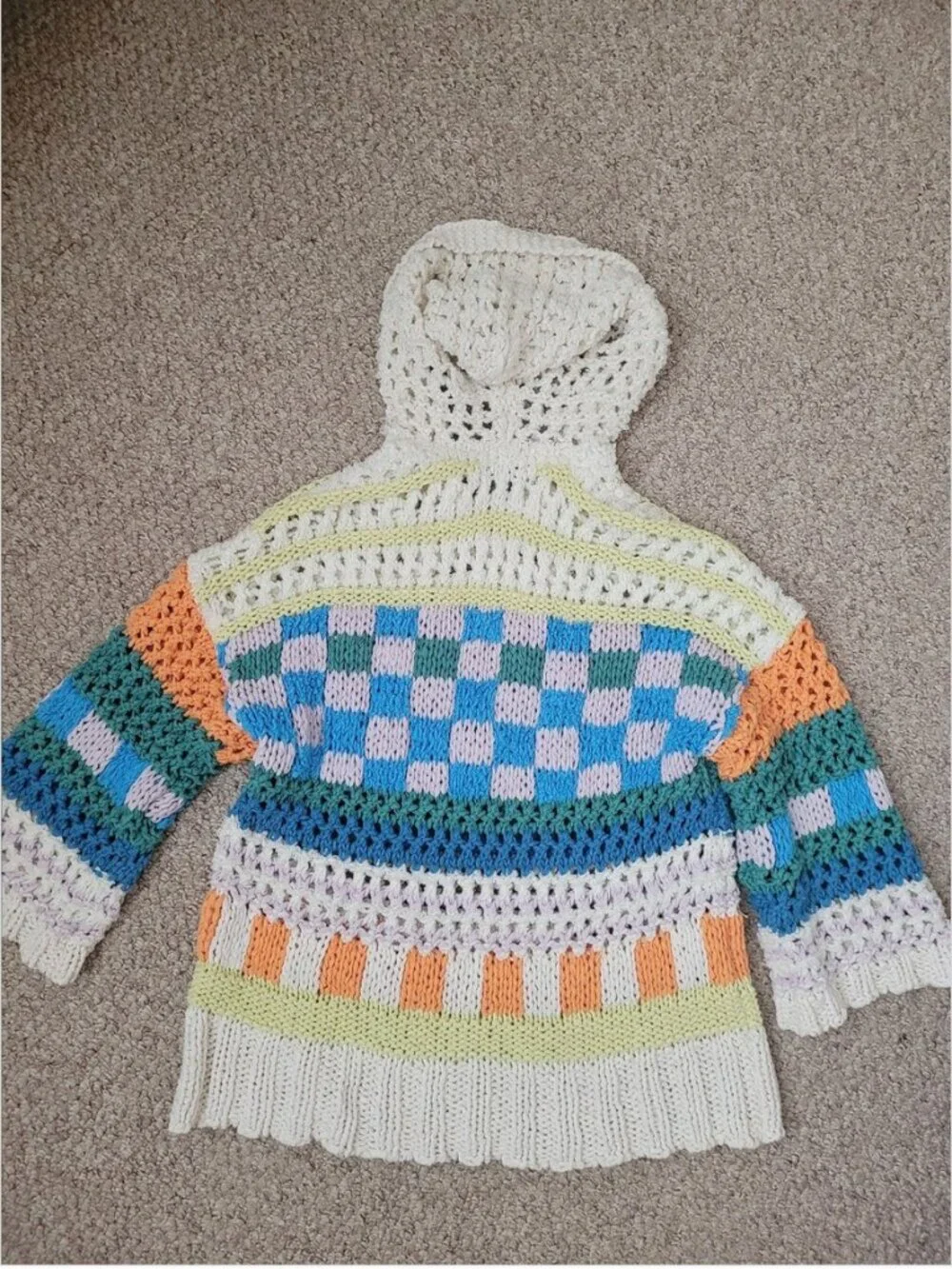 Free People Crochet Knit Hoodie Pullover Geometric Multicolor size XS/S